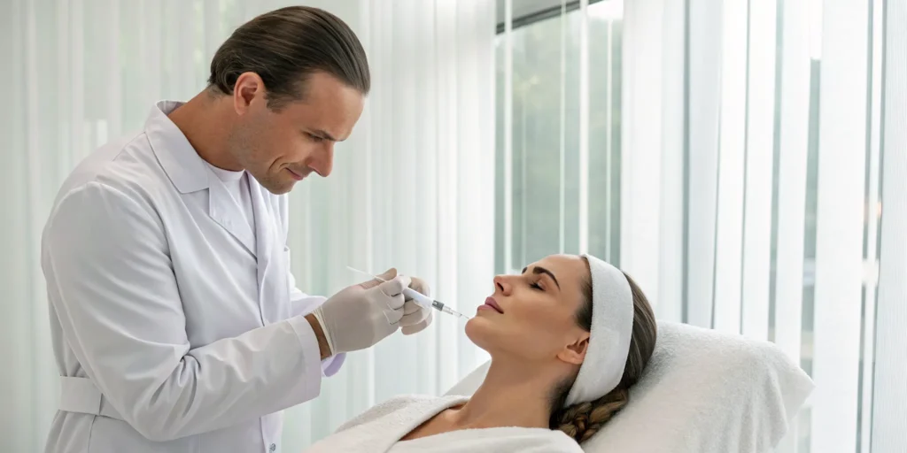 A woman receiving a Sculptra treatment injection to restore facial volume.