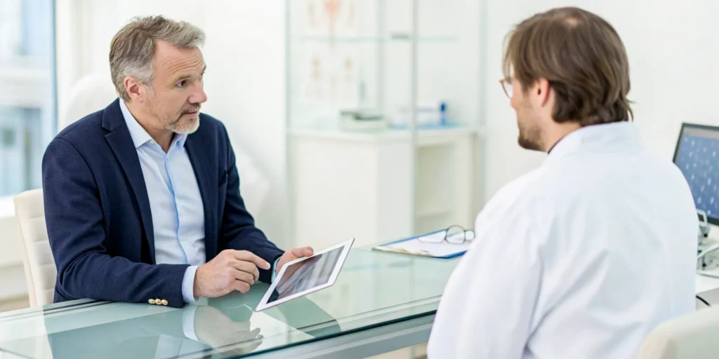 Man discussing the latest treatment for erectile dysfunction with a doctor.