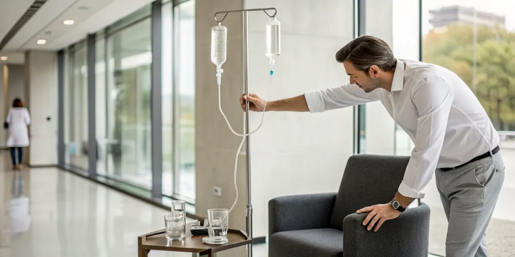A man resting in a clinic after an IV drip, considering what not to do for the best results.