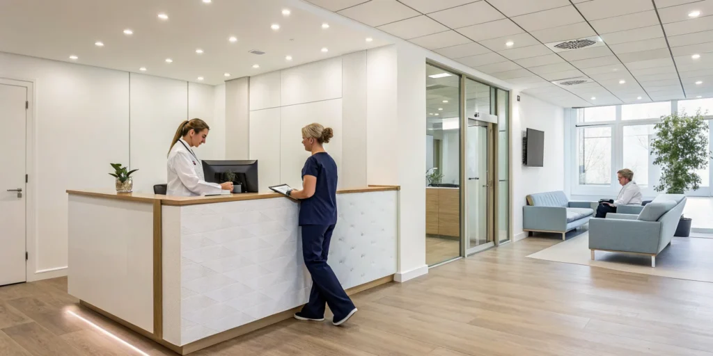 Medical professional at a weight loss clinic discussing a plan with a patient.