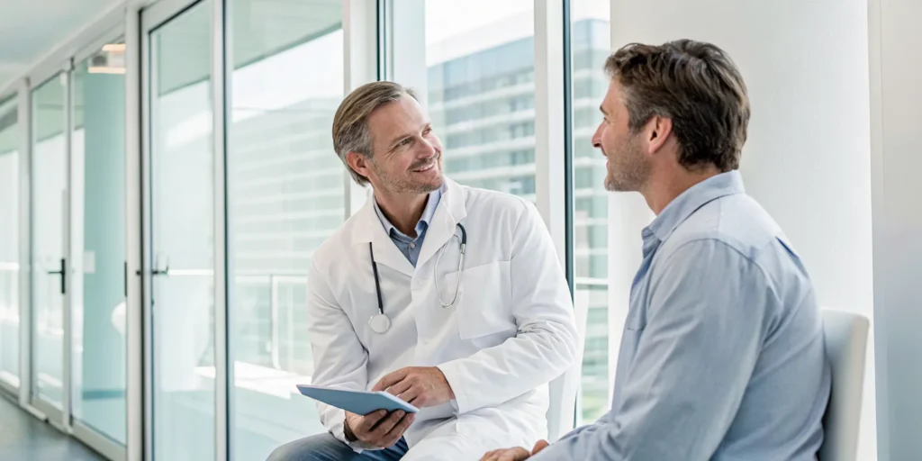 Doctor explaining the benefits of acoustic wave therapy for ED to a patient.