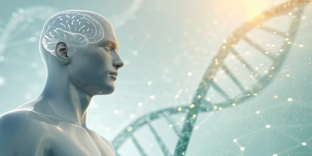 Human figure with highlighted brain and DNA showing the benefits of bioidentical hormone therapy.