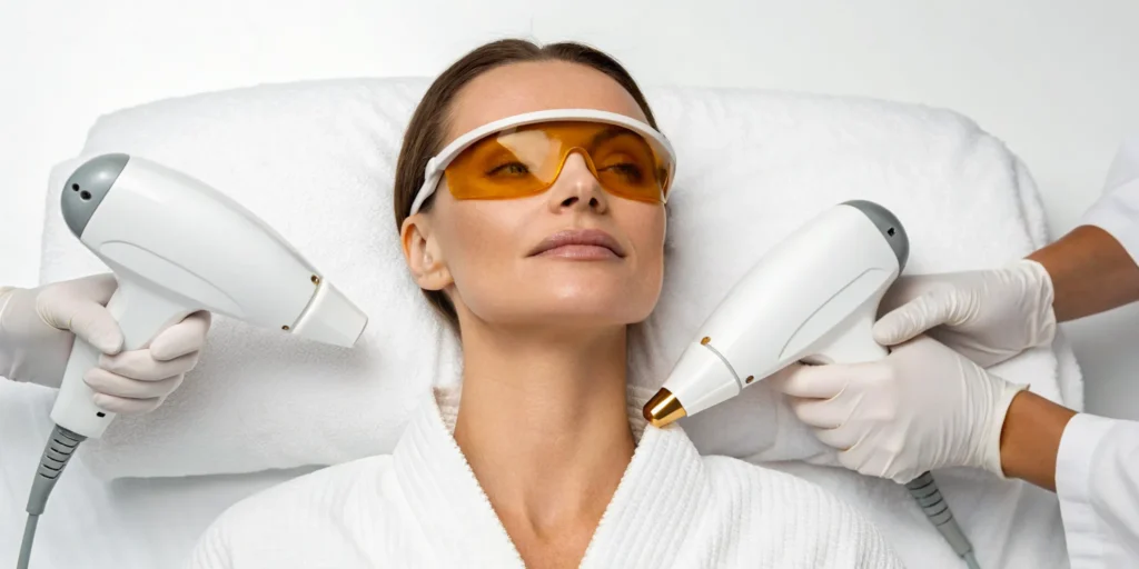 Woman receiving an ablative vs non-ablative laser resurfacing treatment on her face.