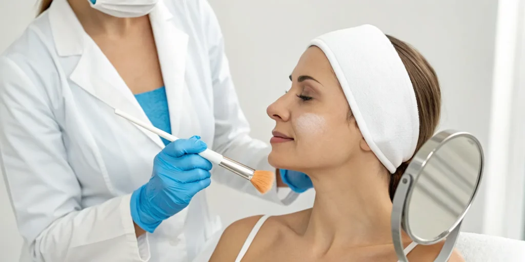 Dermatologist applying a chemical peel to a patient's face for acne scars.