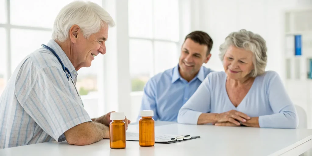 Senior couple consulting a doctor about the best ED drug for seniors.