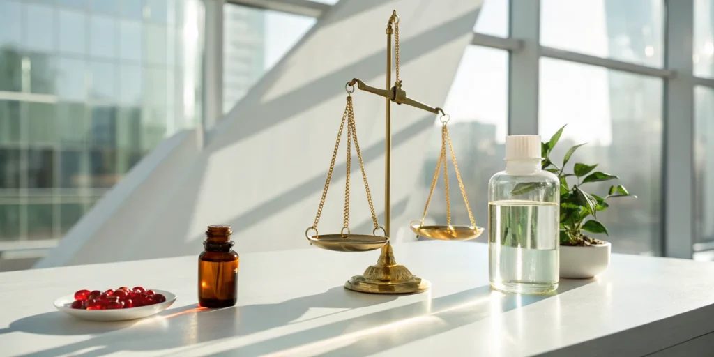 A scale weighing bioidentical hormones to review their risks and rewards.