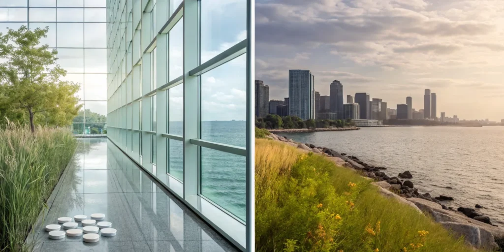 Comparing bioidentical vs synthetic hormones against a modern city backdrop.