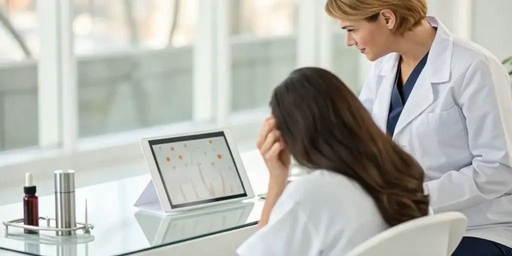 Doctor and patient discussing a PRP hair treatment plan on a tablet during a consultation.