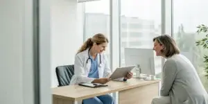 Doctor and patient discussing how to book an O-Shot consultation.