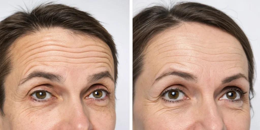 Botox before and after on a forehead with smoother skin and fewer wrinkles.