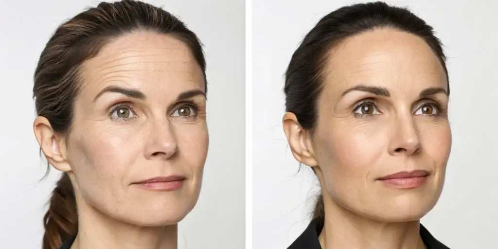 A woman's deep forehead wrinkles before and after Botox treatment.