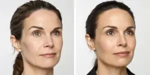 A woman's deep forehead wrinkles before and after Botox treatment.