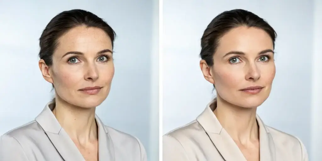 Botox before and after images showing reduced wrinkles on a woman's forehead and around the eyes.