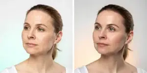A woman's face showing pictures of common Botox side effects like bruising and a drooping eyelid.
