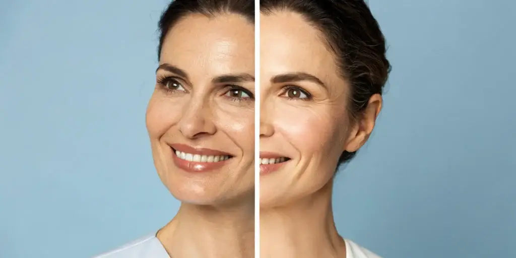 A woman's face comparing the effects of botox vs fillers on smile lines.