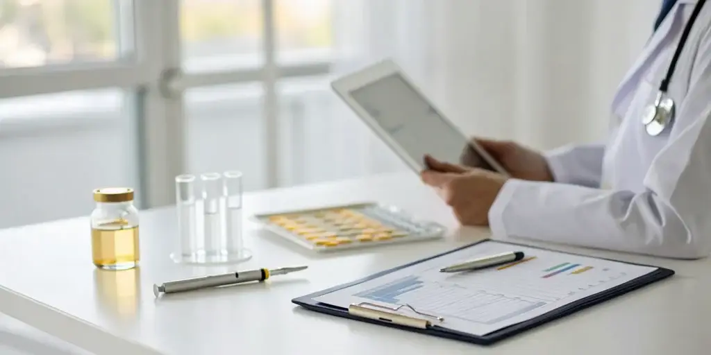 Doctor reviewing the cost of O-Shot treatment with a syringe and medical chart.