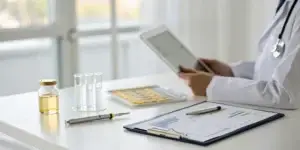 Doctor reviewing the cost of O-Shot treatment with a syringe and medical chart.