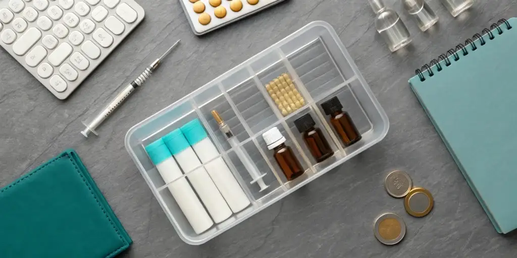 A calculator surrounded by supplies, showing the cost of testosterone replacement therapy.