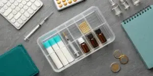 A calculator surrounded by supplies, showing the cost of testosterone replacement therapy.