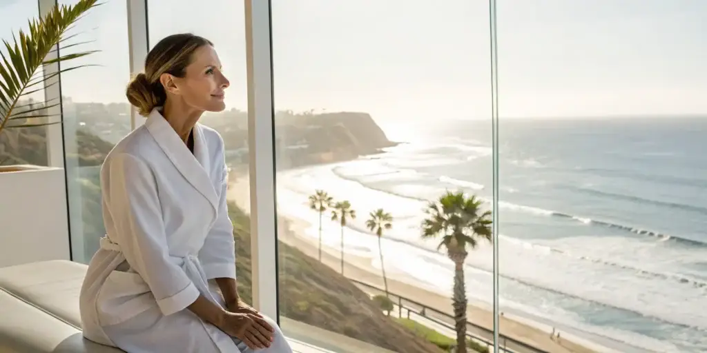 Woman showing the results of dermal fillers for cheeks in Solana Beach.