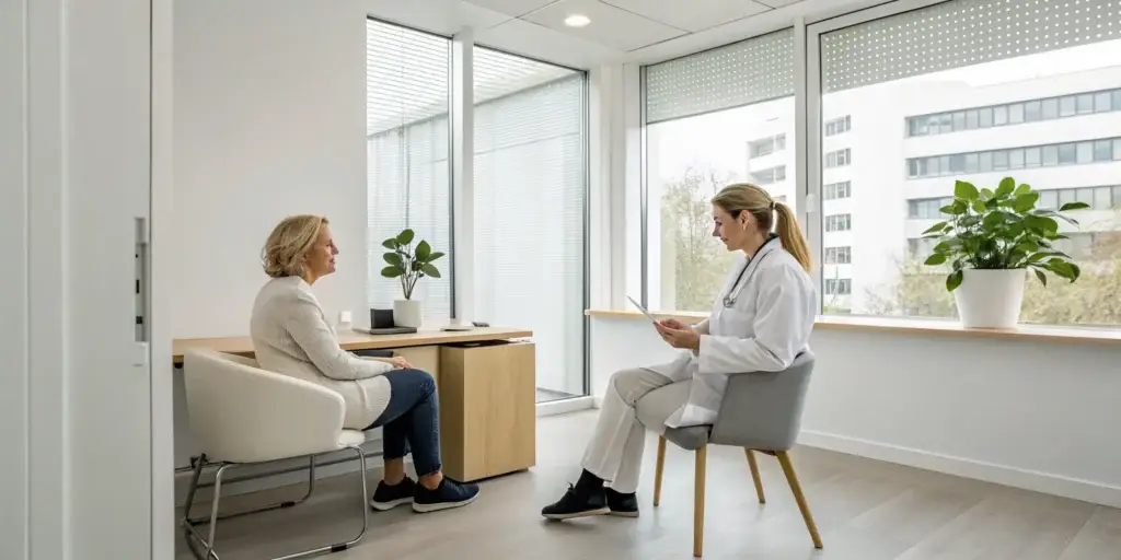 Doctor explaining how a medical weight loss clinic works during a patient consultation.