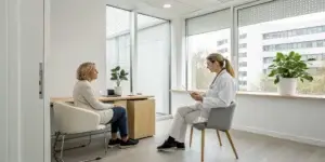 Doctor explaining how a medical weight loss clinic works during a patient consultation.
