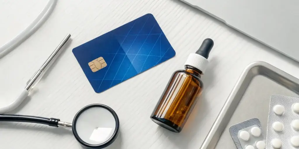 Blue Cross Blue Shield card and medicine for bioidentical hormone therapy coverage.