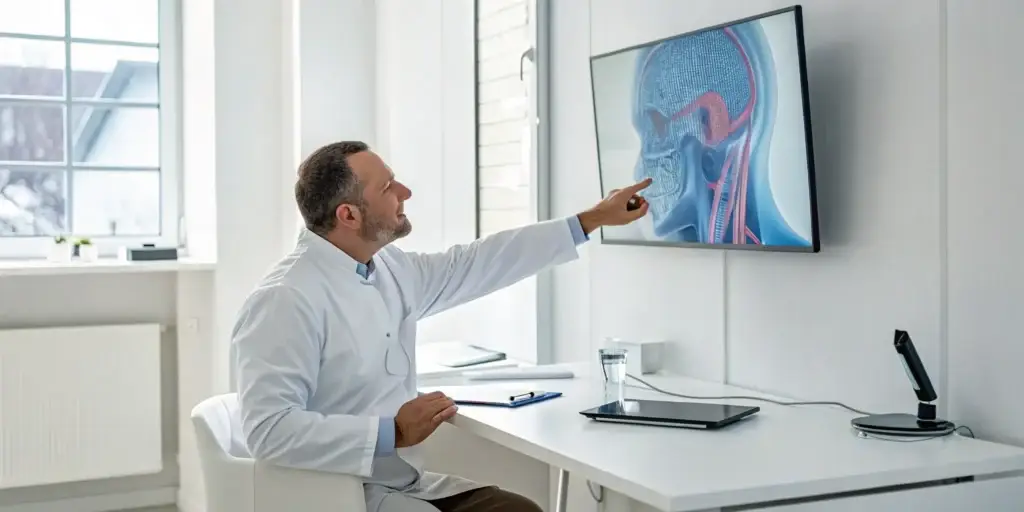 Doctor reviewing a patient's scan during a NightLase snoring treatment consultation.