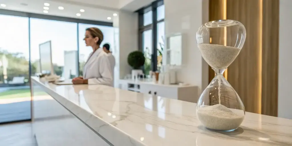 Hourglass in a clinic, showing how long Sculptra lasts.