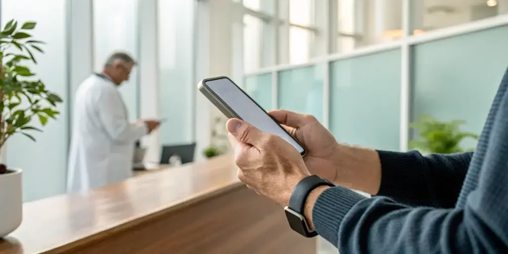Man using his phone to book a confidential erectile dysfunction consultation.