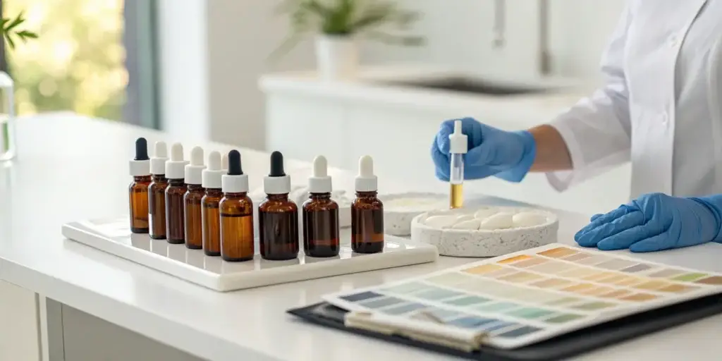 Chemical peel solutions in a lab setting for choosing an acne scar treatment.
