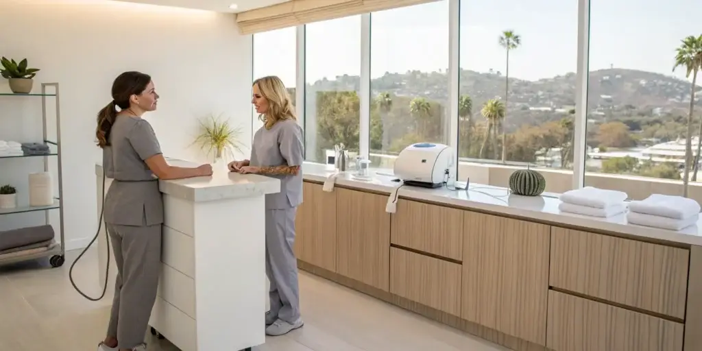 Professional staff discussing body sculpting treatment options at a clinic in Vista.
