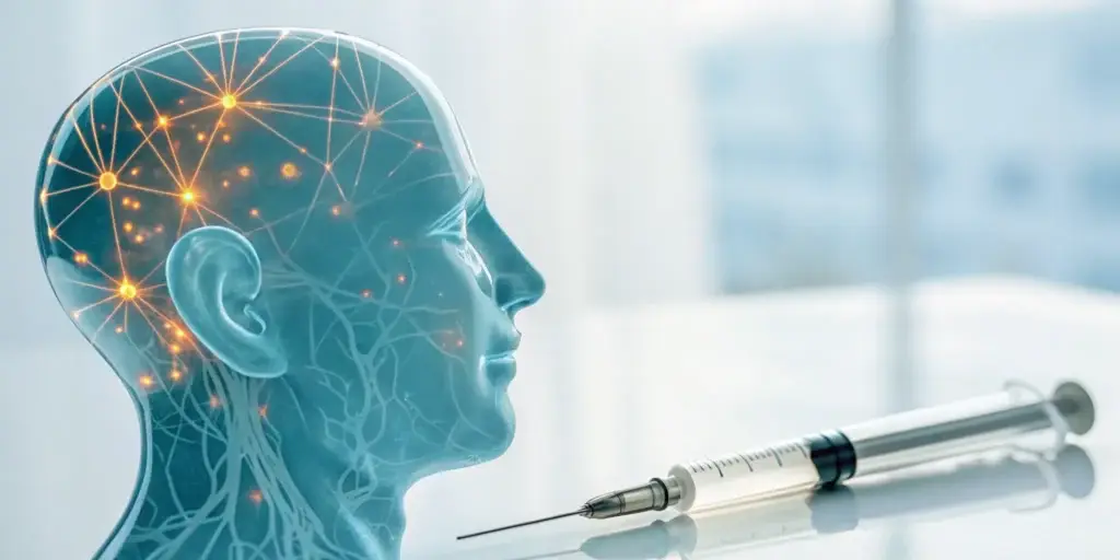 Syringe and a transparent head's neural network showing the long-term neurological side effects of botox.