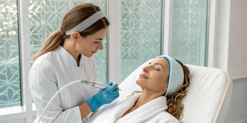 Esthetician performing the best HydraFacial for anti-aging on a client.
