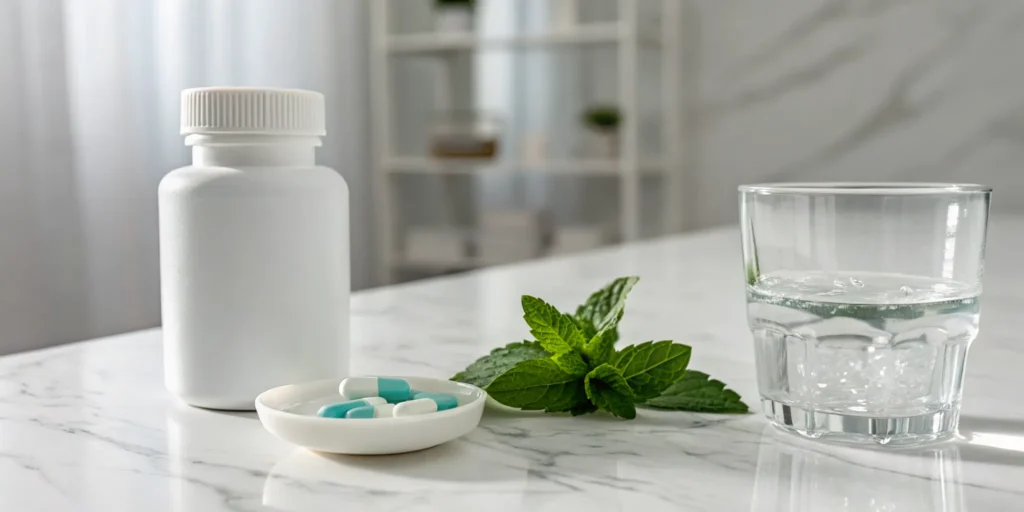A bottle of pills and water, the best medicine for erectile dysfunction without side effects.