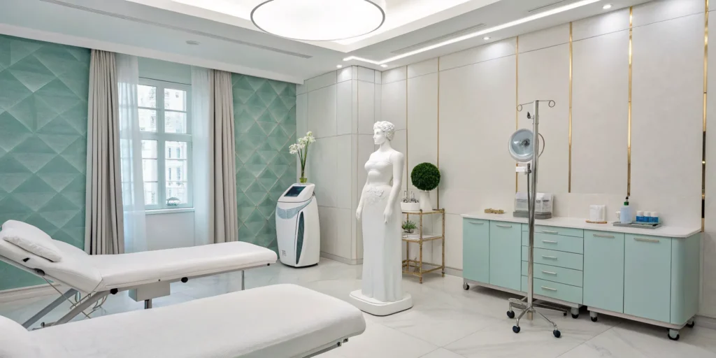 Clinic room with equipment for the best non-surgical body contouring treatments.