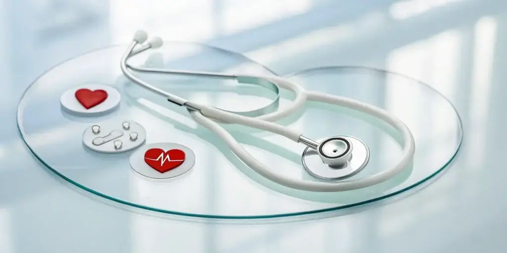 Stethoscope and heart icon highlighting cardiovascular health as one of the main causes of a weak erection.