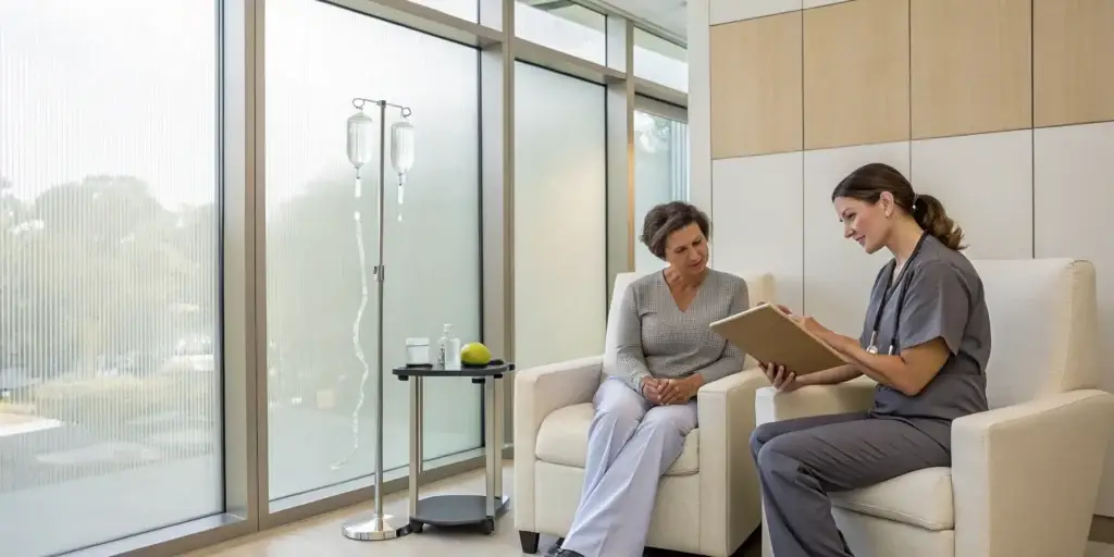 A patient consults with a nurse to book a personalized IV therapy session.