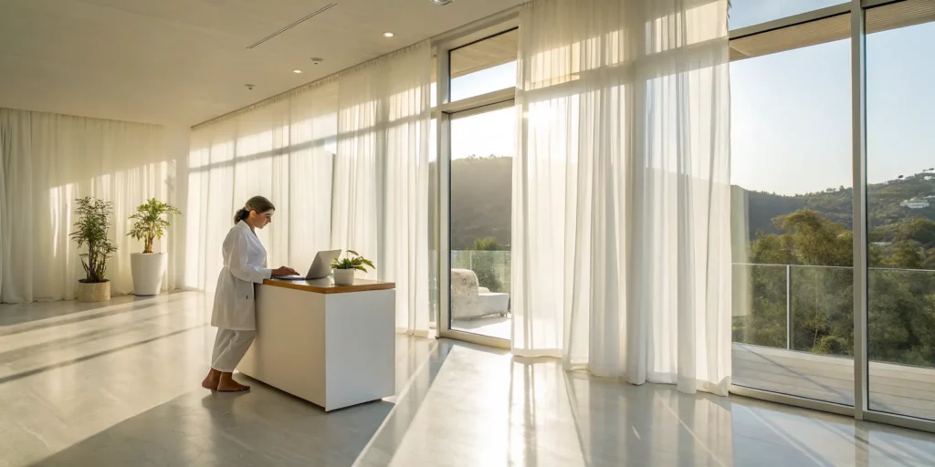 The welcoming reception area of a modern anti-aging clinic in San Marcos.