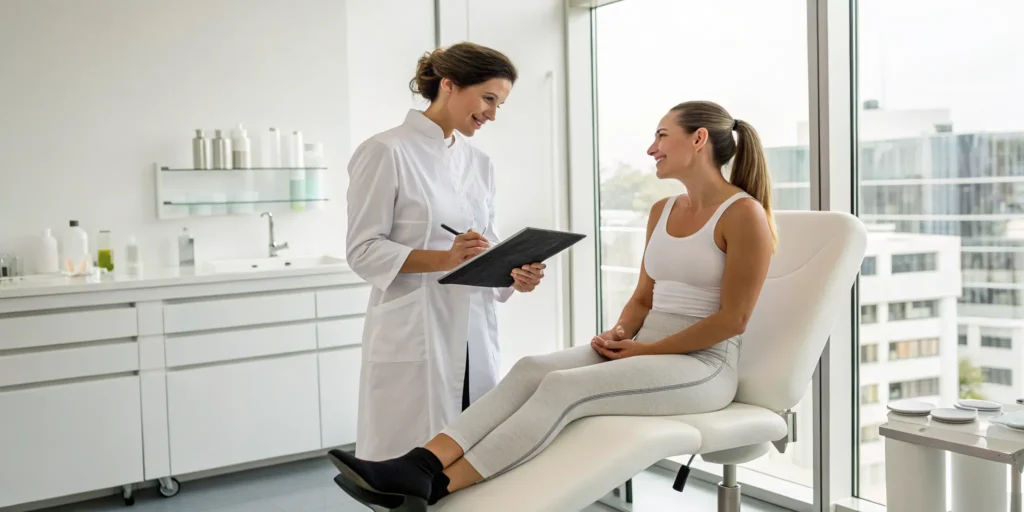 Doctor discussing non-surgical body contouring with a patient during a consultation.