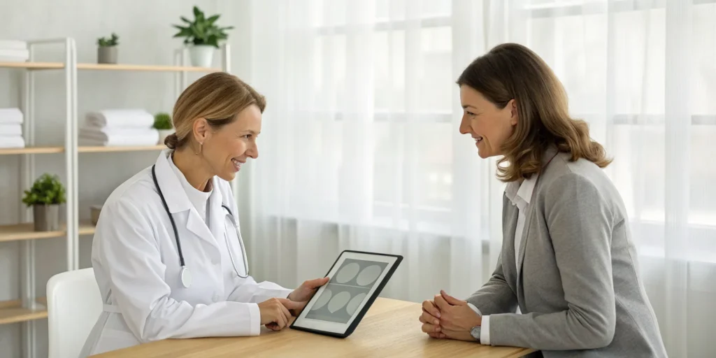 Doctor and patient discussing the best treatments for vaginal laxity.