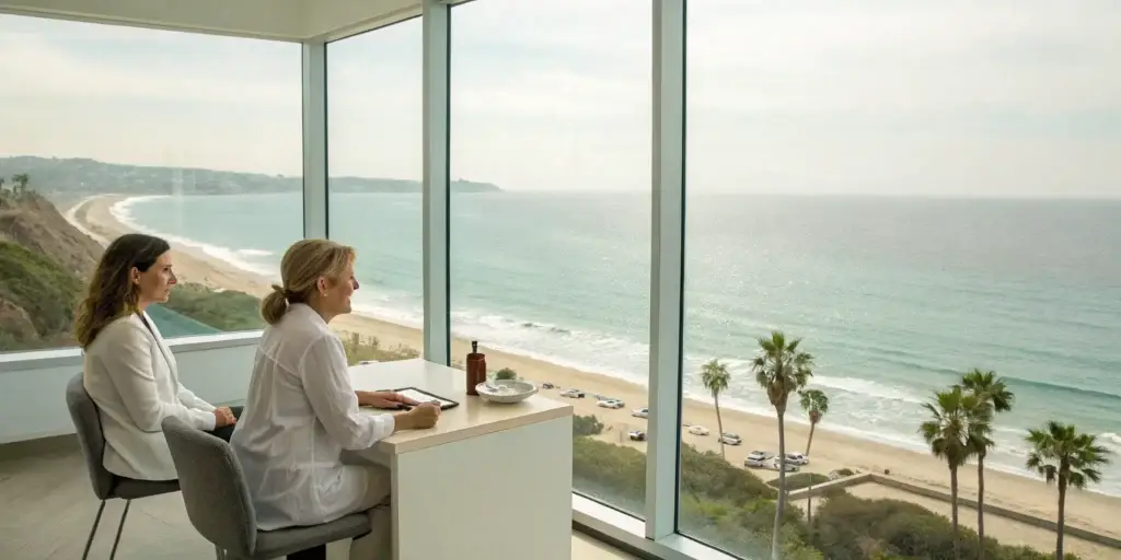 A woman discusses hormone therapy options with her provider in Cardiff-By-The-Sea.