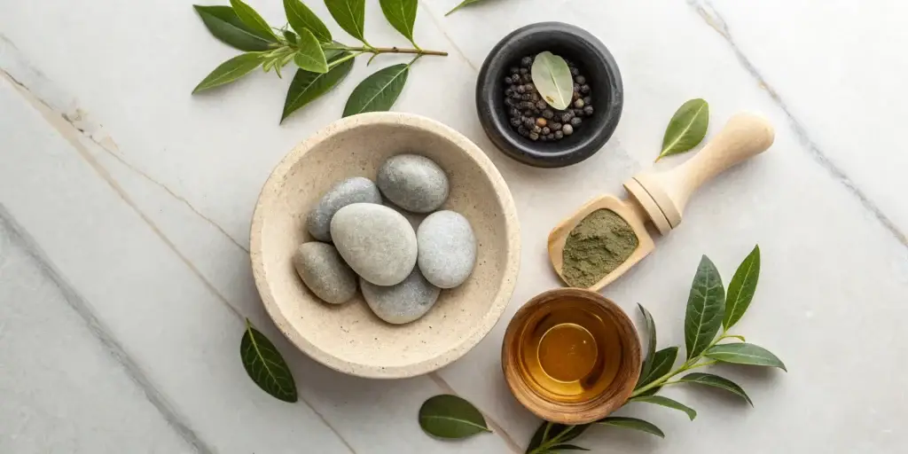 Holistic treatments for erectile dysfunction using herbs, essential oils, and massage stones.