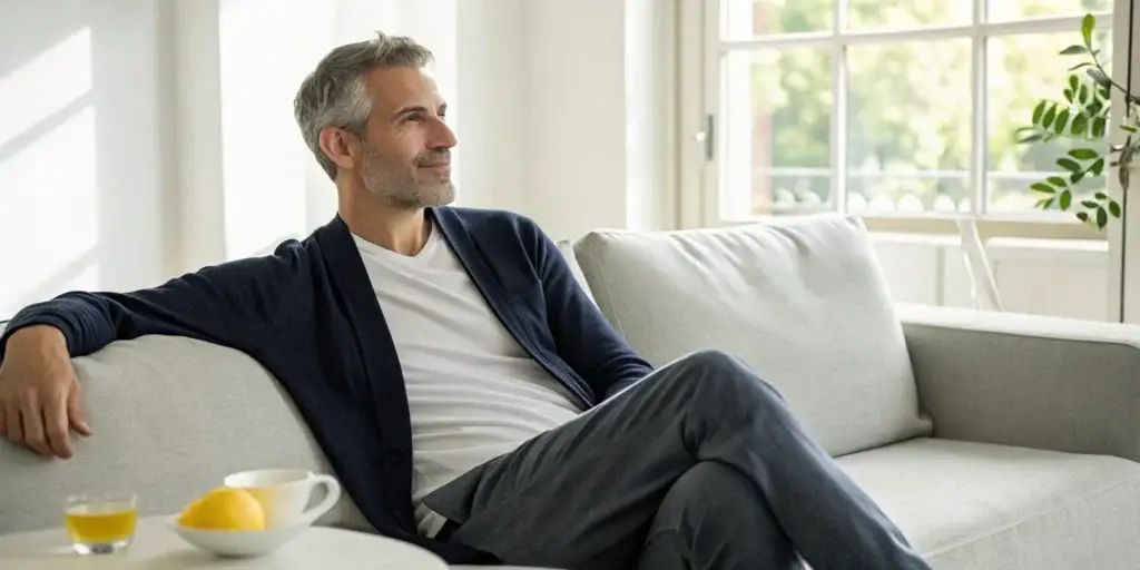 Man relaxing at home, practicing a self-care routine to manage erectile dysfunction.