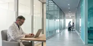 A man reviewing his exosome P-Shot before and after results in a clinic.