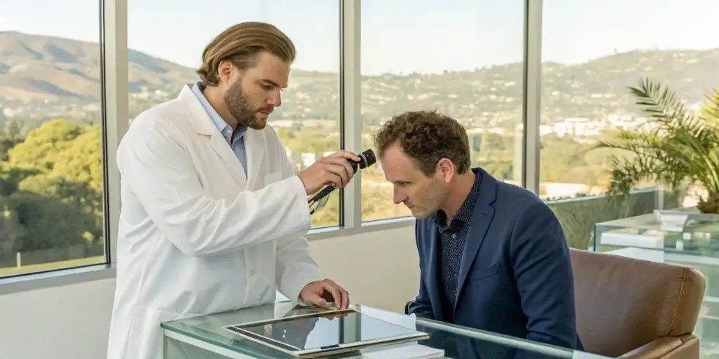 Doctor performing a scalp analysis at a hair restoration clinic in Rancho Santa Fe.