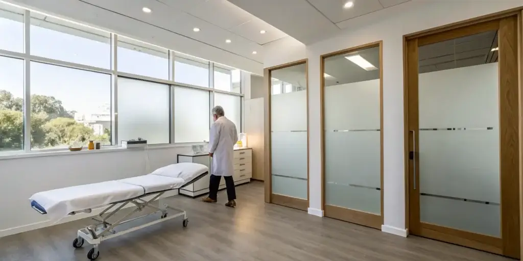 A doctor prepares for a shockwave therapy for ED session in a clinic room.