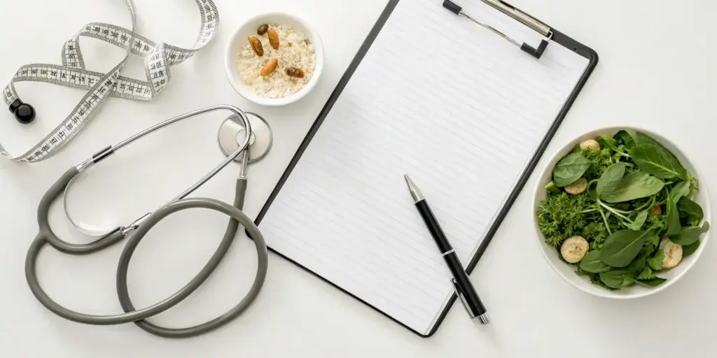 A medical weight loss plan with a stethoscope, measuring tape, clipboard, and a healthy salad.