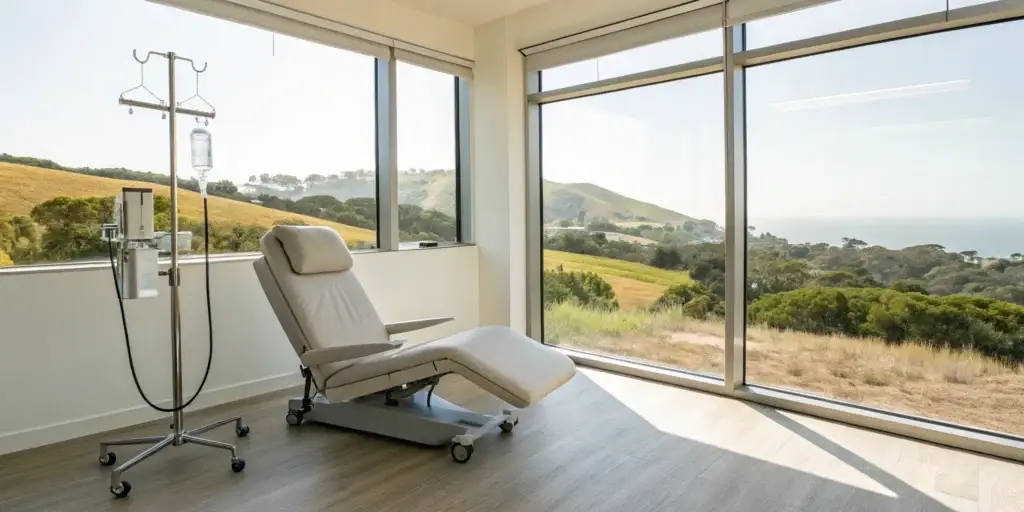 Modern lounge for IV therapy in Carmel Valley with a scenic view.