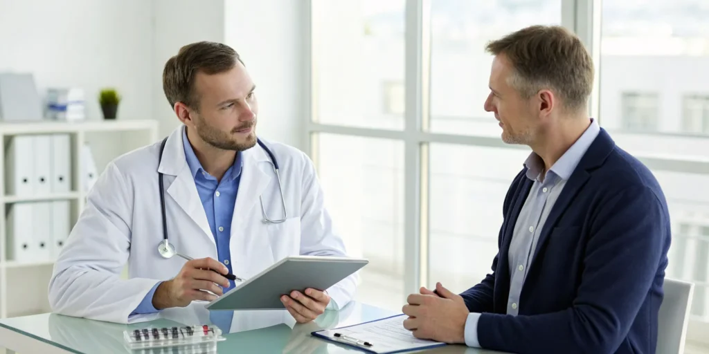 Doctor consulting with a patient about how to get prescribed testosterone.